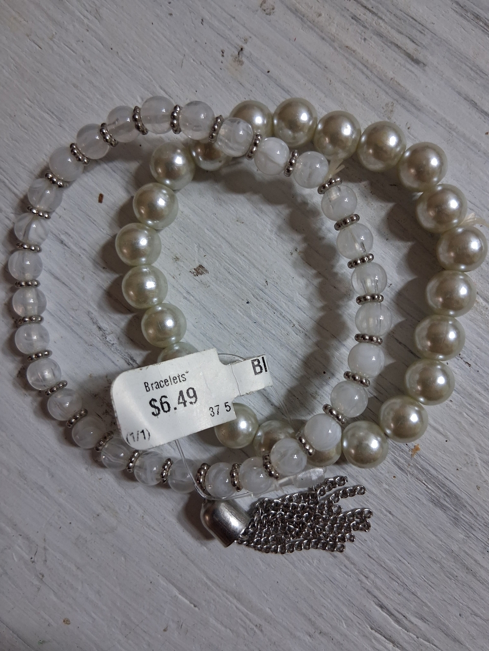 Pearl and White Bead Stretch Bracelet Set with Silver Tassel